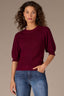 Wild Plum Pleated Cinched Elbow Sleeve Round Neck Banded Hem Scallop Edge Detail Open Work Sweater Top