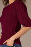 Wild Plum Pleated Cinched Elbow Sleeve Round Neck Banded Hem Scallop Edge Detail Open Work Sweater Top