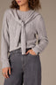 Heather Grey Long Sleeve Round DoubleLayer Neck Twofer Front Tie Open Work Pointelle Sweater