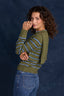 Forest Moss Airy Blue Stripe Long Sleeve Round Twofer Neck Tie Front Striped Sweater