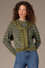 Forest Moss Airy Blue Stripe Long Sleeve Round Twofer Neck Tie Front Striped Sweater