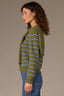 Forest Moss Airy Blue Stripe Long Sleeve Round Twofer Neck Tie Front Striped Sweater