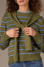 Forest Moss Airy Blue Stripe Long Sleeve Round Twofer Neck Tie Front Striped Sweater