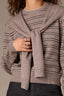 Heather Brown Rose Smoke Multi Stripe Long Sleeve Round DoubleLayer Neck Twofer Front Tie Open Work Pointelle Sweater