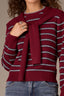 Garnet Grey  Stripe Long Sleeve Round DoubleLayer Neck Twofer Front Tie Open Work Pointelle Sweater