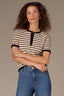 Ecru Black Stripe Short Sleeve Round Neck Half Button Placket Scaalop Edge Stripe Pointelle Sweater