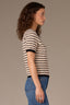 Ecru Black Stripe Short Sleeve Round Neck Half Button Placket Scaalop Edge Stripe Pointelle Sweater