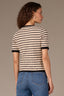 Ecru Black Stripe Short Sleeve Round Neck Half Button Placket Scaalop Edge Stripe Pointelle Sweater