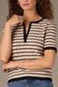 Ecru Black Stripe Short Sleeve Round Neck Half Button Placket Scaalop Edge Stripe Pointelle Sweater