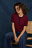 Fired Brick Navy Stripe Short Sleeve Round Neck Half Button Placket Scaalop Edge Stripe Pointelle Sweater