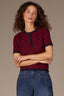 Fired Brick Navy Stripe Short Sleeve Round Neck Half Button Placket Scaalop Edge Stripe Pointelle Sweater