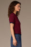 Fired Brick Navy Stripe Short Sleeve Round Neck Half Button Placket Scaalop Edge Stripe Pointelle Sweater
