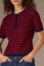 Fired Brick Navy Stripe Short Sleeve Round Neck Half Button Placket Scaalop Edge Stripe Pointelle Sweater