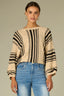 Oatmeal Black Three Quarter Pleated Dolman Blouson Sleeve Round Neck Striped Banded Hem Sweater Top