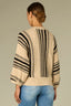 Oatmeal Black Three Quarter Pleated Dolman Blouson Sleeve Round Neck Striped Banded Hem Sweater Top