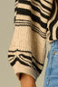 Oatmeal Black Three Quarter Pleated Dolman Blouson Sleeve Round Neck Striped Banded Hem Sweater Top