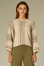 Oatmeal Oyster Mushroom Three Quarter Pleated Dolman Blouson Sleeve Round Neck Striped Banded Hem Petite Sweater Top