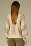 Oatmeal Oyster Mushroom Three Quarter Pleated Dolman Blouson Sleeve Round Neck Striped Banded Hem Petite Sweater Top