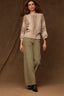 Oatmeal Oyster Mushroom Three Quarter Pleated Dolman Blouson Sleeve Round Neck Striped Banded Hem Petite Sweater Top
