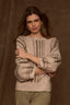 Oatmeal Oyster Mushroom Three Quarter Pleated Dolman Blouson Sleeve Round Neck Striped Banded Hem Sweater Top