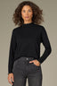 Black Long Sleeve Lettuce Edge Beaded Trim High Mock Neck Banded Hem Sweater Top
