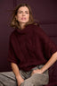 Maroon Below Elbow Dolman Sleeve Rolled Turtleneck Split Back Cable Stitch Front Straight Hem Sweater Top