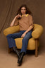 Golden Sugar Merigold Elbow Puff Blouson Sleeve Round Neck Buttoned Placket Faux Printed Collar Contrast Tipping Straight Banded Hem Sweater Top