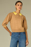 Golden Sugar Merigold Elbow Puff Blouson Sleeve Round Neck Buttoned Placket Faux Printed Collar Contrast Tipping Straight Banded Hem Sweater Top