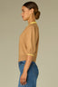 Golden Sugar Merigold Elbow Puff Blouson Sleeve Round Neck Buttoned Placket Faux Printed Collar Contrast Tipping Straight Banded Hem Sweater Top