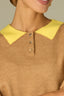 Golden Sugar Merigold Elbow Puff Blouson Sleeve Round Neck Buttoned Placket Faux Printed Collar Contrast Tipping Straight Banded Hem Sweater Top