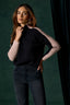 Black Mahogany Rose Long Cuffed Drop Shoulder Sleeve Turtleneck Color Block Seaming Detail Straight Hem Mixed Media Sweater Top
