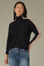 Black Mahogany Rose Long Cuffed Drop Shoulder Sleeve Turtleneck Color Block Seaming Detail Straight Hem Mixed Media Sweater Top