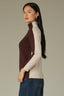 Brown Cream Long Cuffed Drop Shoulder Sleeve Turtleneck Color Block Seaming Detail Straight Hem Mixed Media Sweater Top