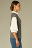 Off White Charcoal Multi Elbow Blouson Drop Shoulder Sleeve Collared V-Neck Floral Embroidery Straight Banded Hem Twofer Petite Sweater Vest Top