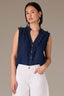 Indigo Sleeveless Ruffle Edge Armhole Half Button Placket Ruches Stand Collar V-Neck Hi-Low Hem Woven Top