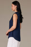 Indigo Sleeveless Ruffle Edge Armhole Half Button Placket Ruches Stand Collar V-Neck Hi-Low Hem Woven Top