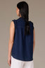 Indigo Sleeveless Ruffle Edge Armhole Half Button Placket Ruches Stand Collar V-Neck Hi-Low Hem Woven Top