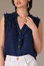 Indigo Sleeveless Ruffle Edge Armhole Half Button Placket Ruches Stand Collar V-Neck Hi-Low Hem Woven Top