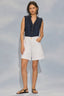 Indigo Sleeveless Ruffle Edge Armhole Half Button Placket Ruches Stand Collar V-Neck Hi-Low Hem Woven Top