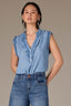Light Blue Sleeveless Ruffle Edge Armhole Half Button Placket Ruches Stand Collar V-Neck Hi-Low Hem Woven Top