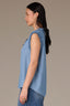 Light Blue Sleeveless Ruffle Edge Armhole Half Button Placket Ruches Stand Collar V-Neck Hi-Low Hem Woven Top