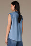 Light Blue Sleeveless Ruffle Edge Armhole Half Button Placket Ruches Stand Collar V-Neck Hi-Low Hem Woven Top