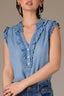 Light Blue Sleeveless Ruffle Edge Armhole Half Button Placket Ruches Stand Collar V-Neck Hi-Low Hem Woven Top