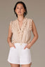 Macadamia Sleeveless Ruffle Edge Armhole Half Button Placket Ruches Stand Collar V-Neck Hi-Low Hem Woven Top