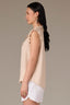 Macadamia Sleeveless Ruffle Edge Armhole Half Button Placket Ruches Stand Collar V-Neck Hi-Low Hem Woven Top