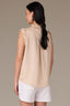 Macadamia Sleeveless Ruffle Edge Armhole Half Button Placket Ruches Stand Collar V-Neck Hi-Low Hem Woven Top
