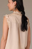 Macadamia Sleeveless Ruffle Edge Armhole Half Button Placket Ruches Stand Collar V-Neck Hi-Low Hem Woven Top
