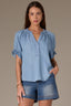 Light Blue Short Half Cinched Raglan Sleeve Embroidered Overlap V-Placket Stand Collar Split V-Neck Smock Woven Top