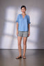 Light Blue Short Half Cinched Raglan Sleeve Embroidered Overlap V-Placket Stand Collar Split V-Neck Smock Woven Top