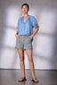 Horizon Blue High Rise Double Pocket Fray Hem Dart Seam Contour Shape Technology Short